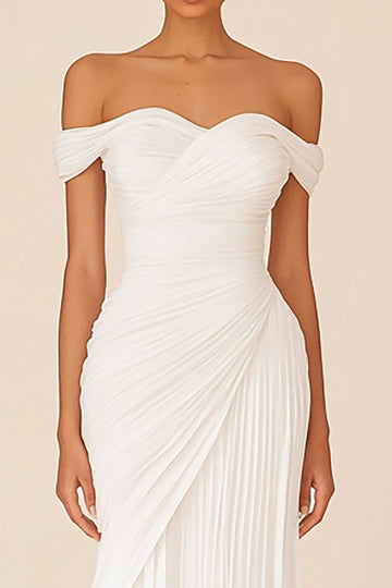 White Sheath Off the Shoulder Ruched Long Bridal Dress